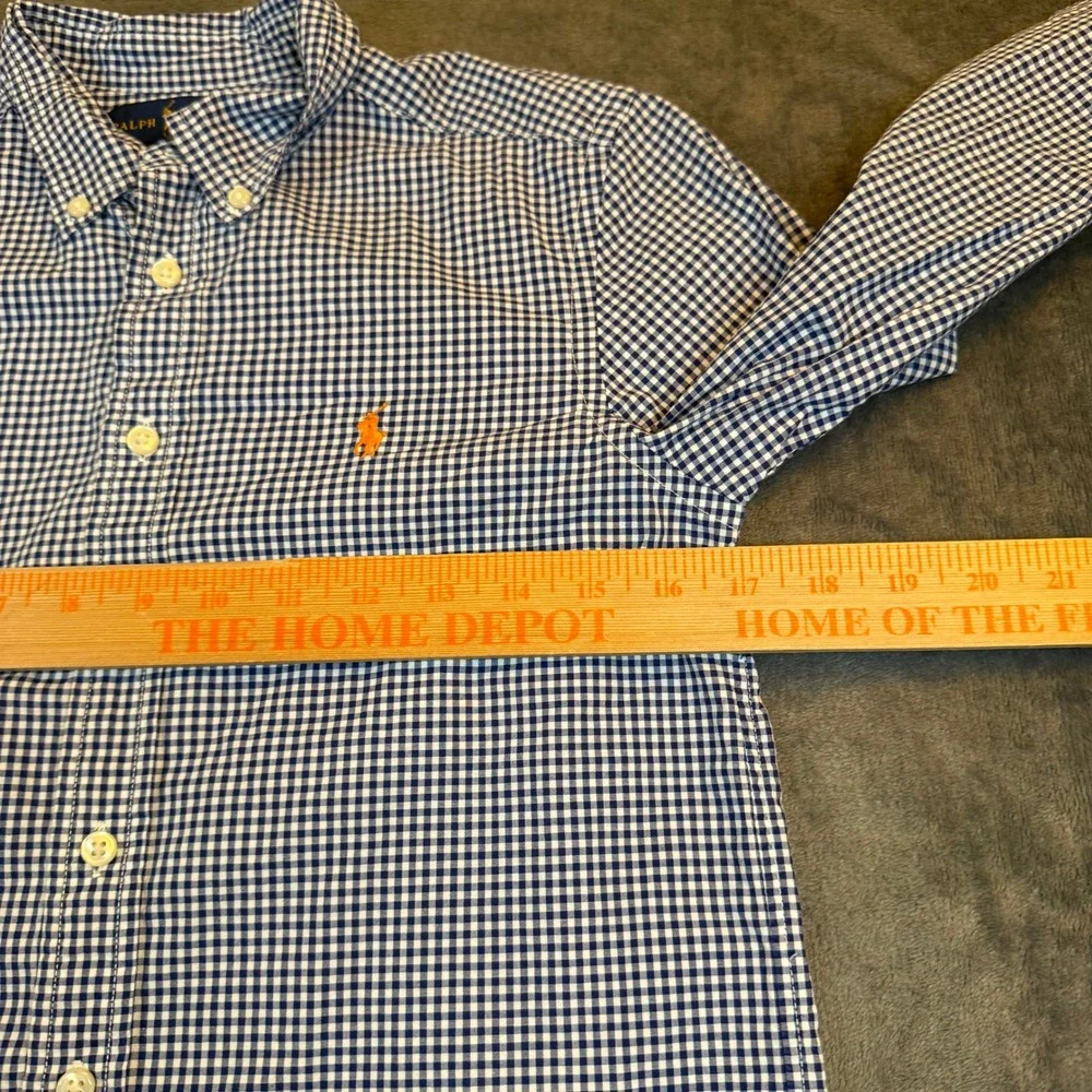 Ralph Lauren Boys Blue White Gingham Button Down Shirt Medium 10-12 Orange Pony‎